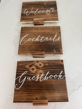 Set of 3 Rustic Wooden Wedding Signs | Welcome, Coctails, Guestbook Decor